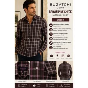 Bugatchi Uomo Shirt Mens M Brown Pink Check Button Up Long Sleeve Classic